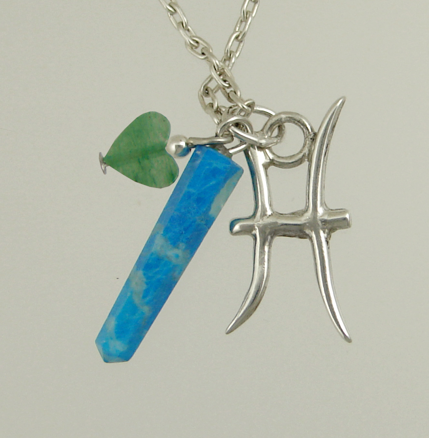 Sterling Silver Pisces Pendant Necklace With an Turquoise And Green Heart